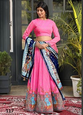 Pink Satin Silk Digital Printed Work A Line Lehenga Navy Blue Dupatta