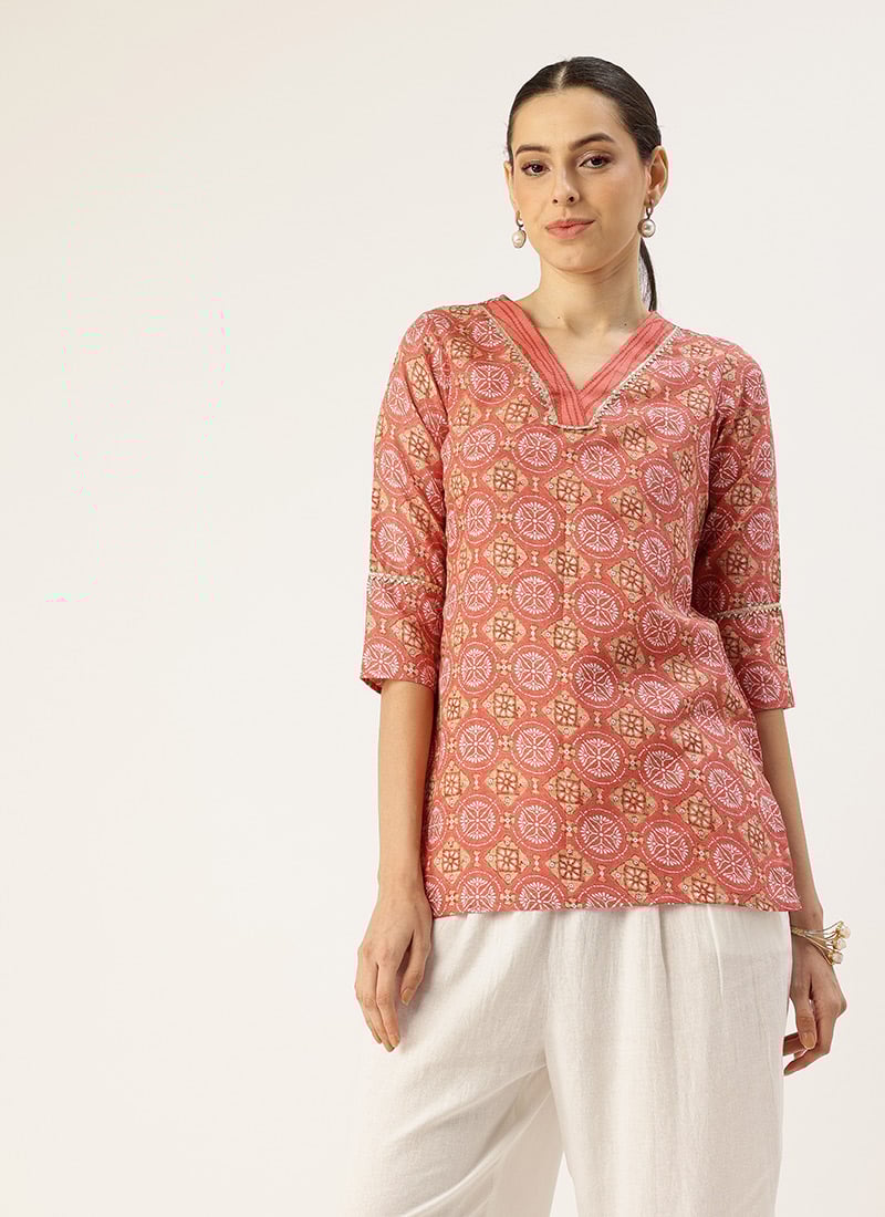 Pink Semi Cotton Mill Printed Short Kurti