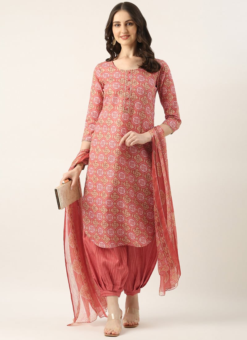 Teen Girls Pink Semi Cotton Printed Salwar Suit Festive Wear