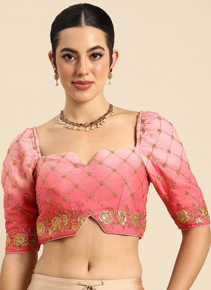 Pink Sequins Embroidered Chinon Blouse Festive Wear
