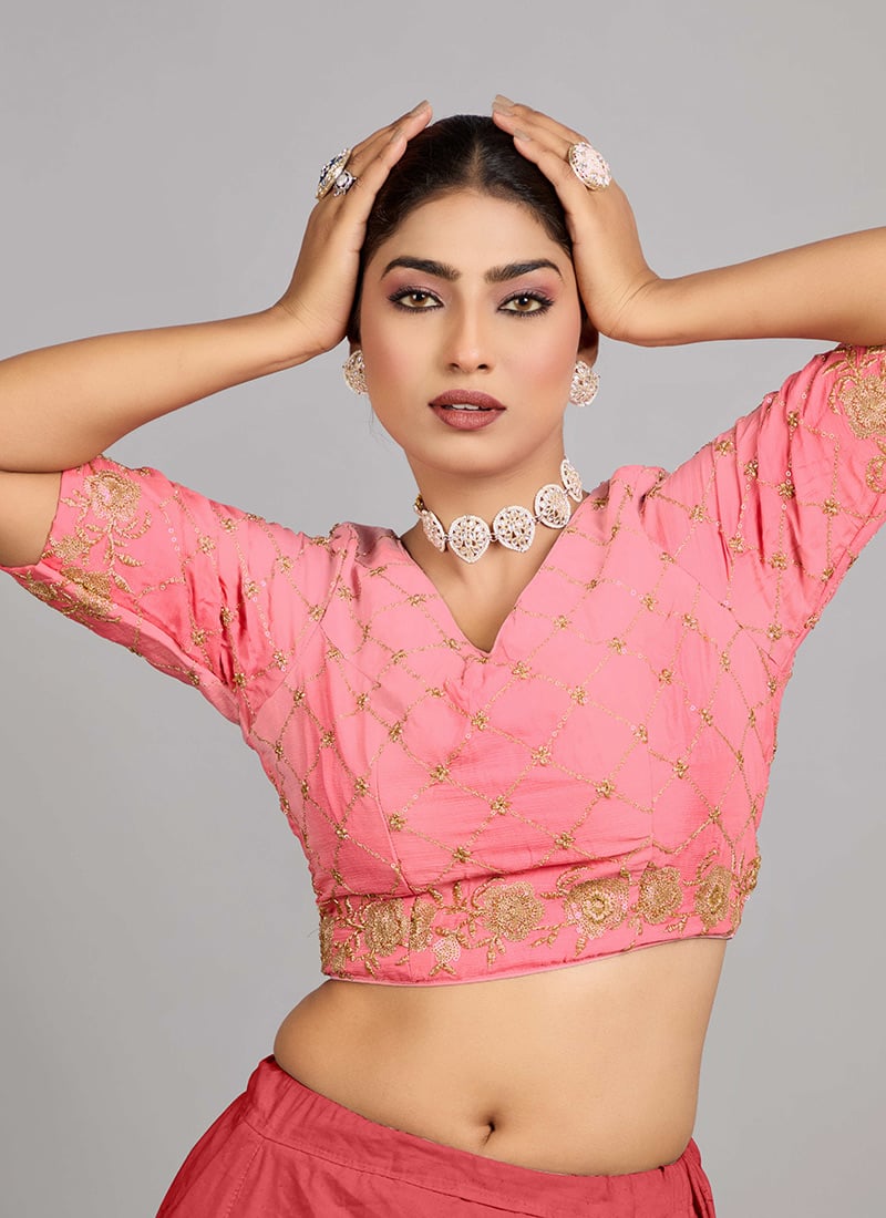 Pink Sequins Embroidered Chinon V Neck Blouse Wedding Wear