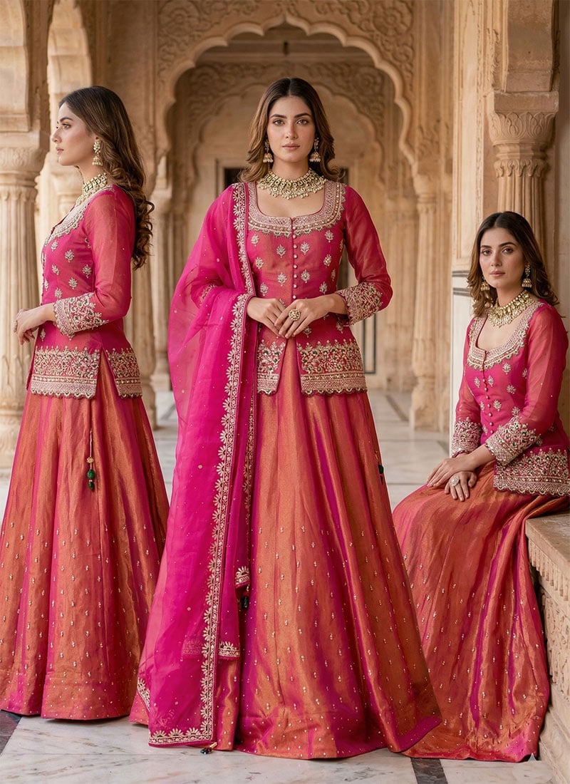 Pink Shimmer Silk Embroidered Sequins Long Choli Lehenga Festive Wear