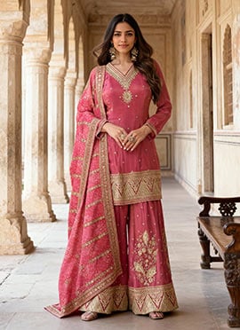 Pink Shimmer Silk Embroidered Sequins Palazzo Suit With Bandhani Print Dupatta