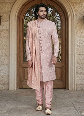 Pink Silk Embroidered Beads Work Classic Sherwani
