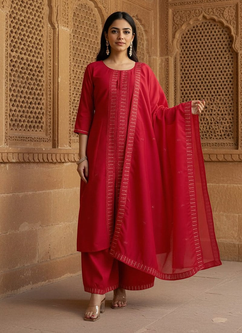 Pink Silk Embroidered High Slit Palazzo Suit Festive Wear