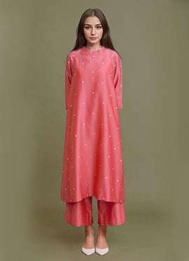 Pink Silk Hand Embroidered Beads Palazzo Suit