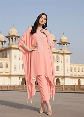 Pink Silk Hand Embroidered Indowestern Kaftan Set