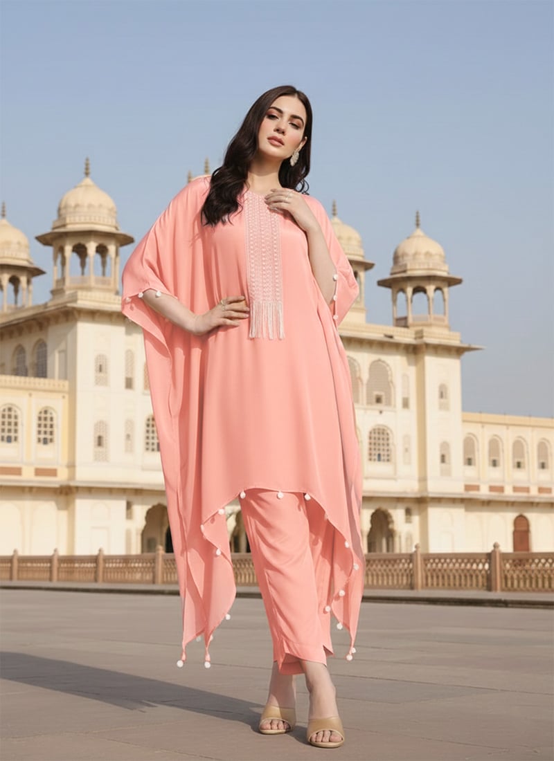 Pink Silk Hand Embroidered Indowestern Kaftan Set After Six Wear