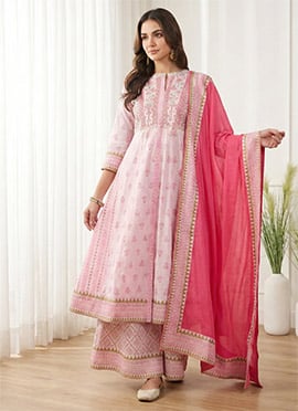 Pink Silk Handloom Embroidered Palazzo Suit