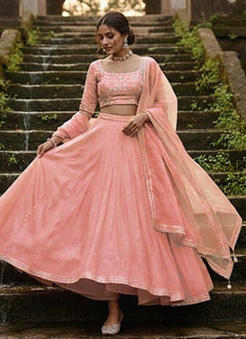 Pink Silk Sequins Beads Hand Embroidered Umbrella Lehenga