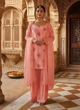 Pink Silk Sequins Farshi Suit