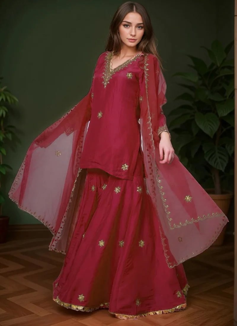 Pink Silk Zari And Beads Hand Embroidered Stunning Sharara Suit Festive Wear