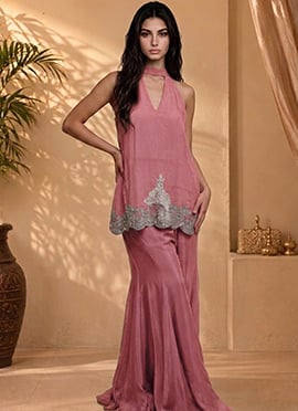 Pink Silk Zari Beads Embroidered Indo Western Sharara Set