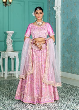 Pink Silk Zari Embroidered Stone Work Sequins Lehenga