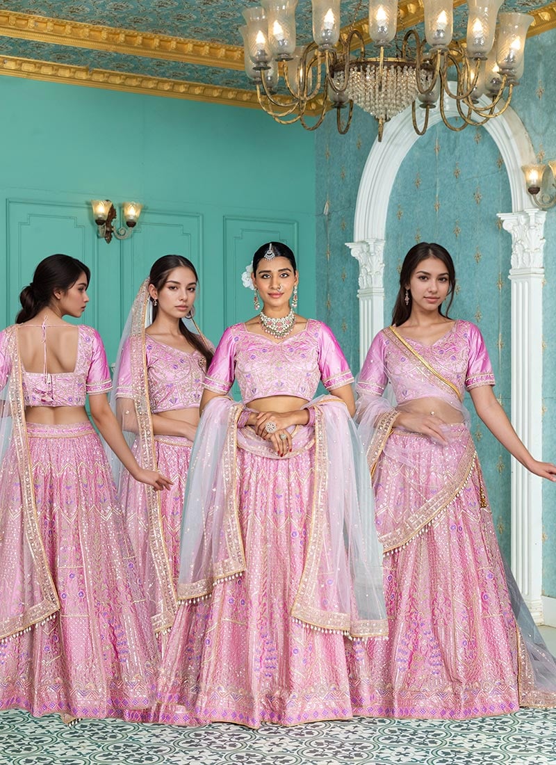Pink Silk Zari Embroidered Stone Work Sequins Lehenga Wedding Wear