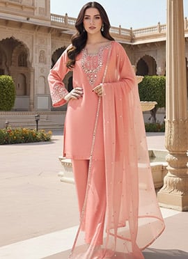 Pink Silk Zari Sequin Mirror Work Straight Pant Suit