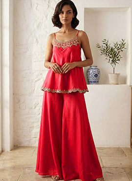 Pink Silk Zari Sequins Hand Embroidered Indowestern Palazzo Set