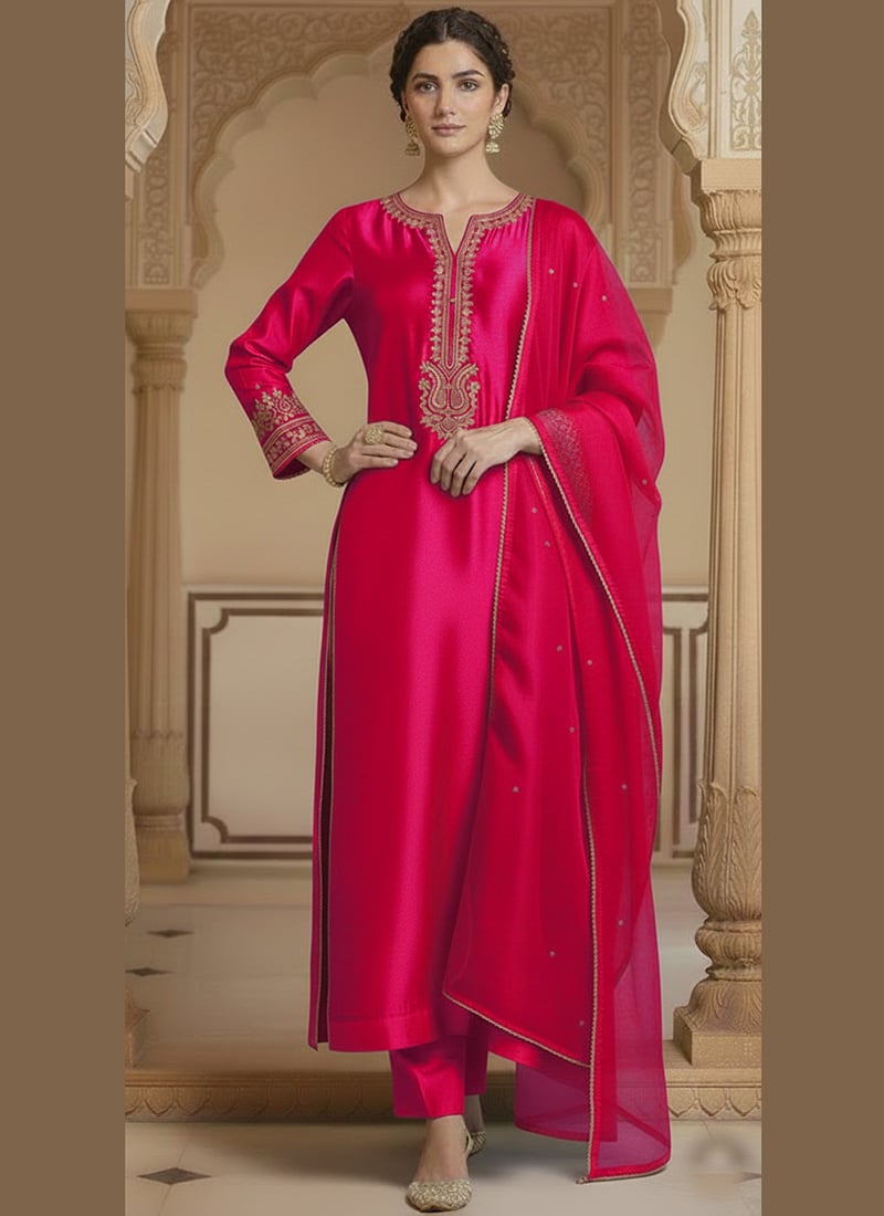Pink Silk Zari Sequins Straight Pant Suit Festive Wear
