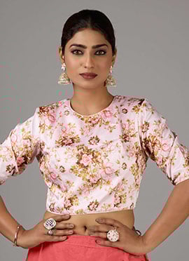 Pink Taffeta Digital Printed Close Neck Blouse