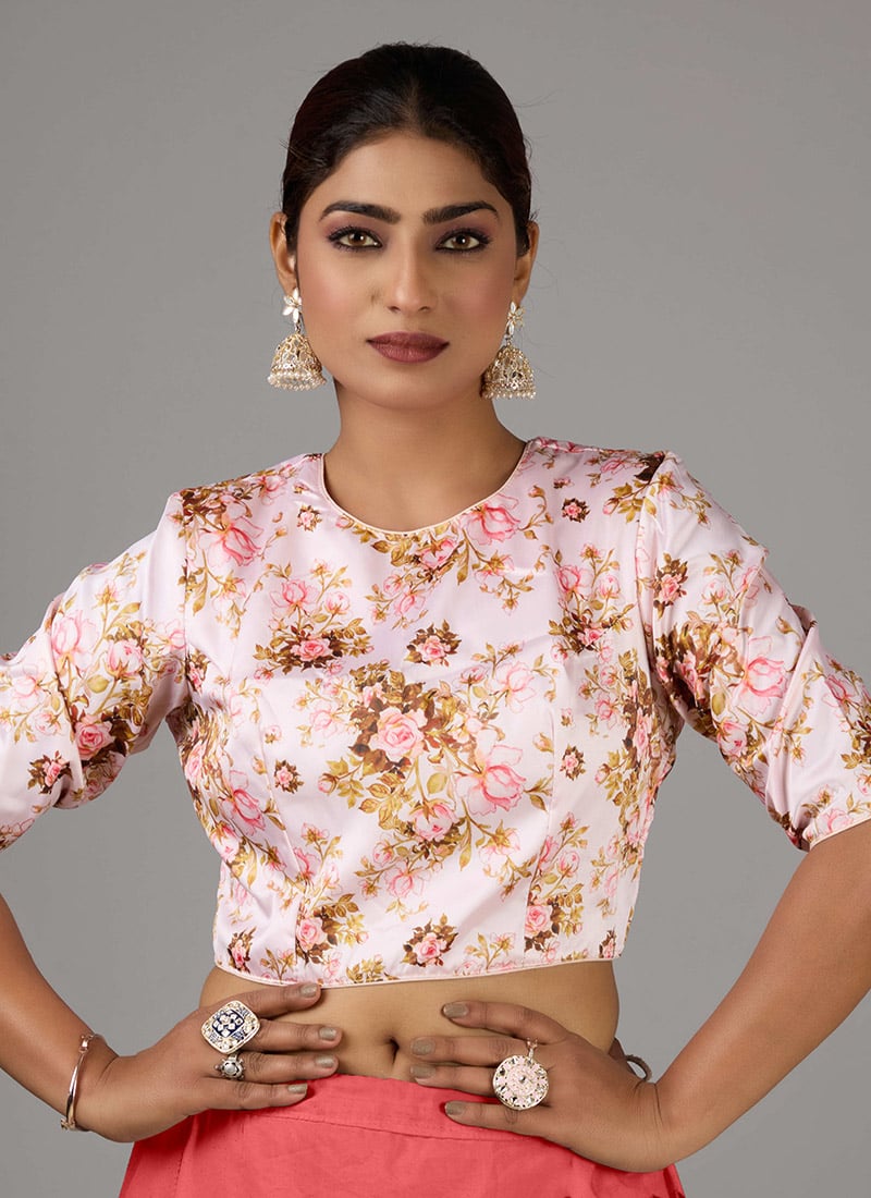 Pink Taffeta Digital Printed Close Neck Blouse