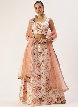 Pink Taffeta Digital Printed Kali Lehenga