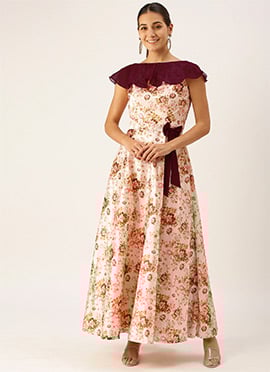 Teen Girls Pink Taffeta Digital Printed N Burgundy Dress