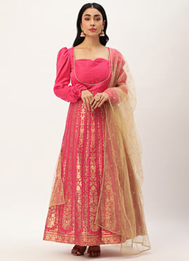 Pink Taffeta Jacquard Anarkali Set