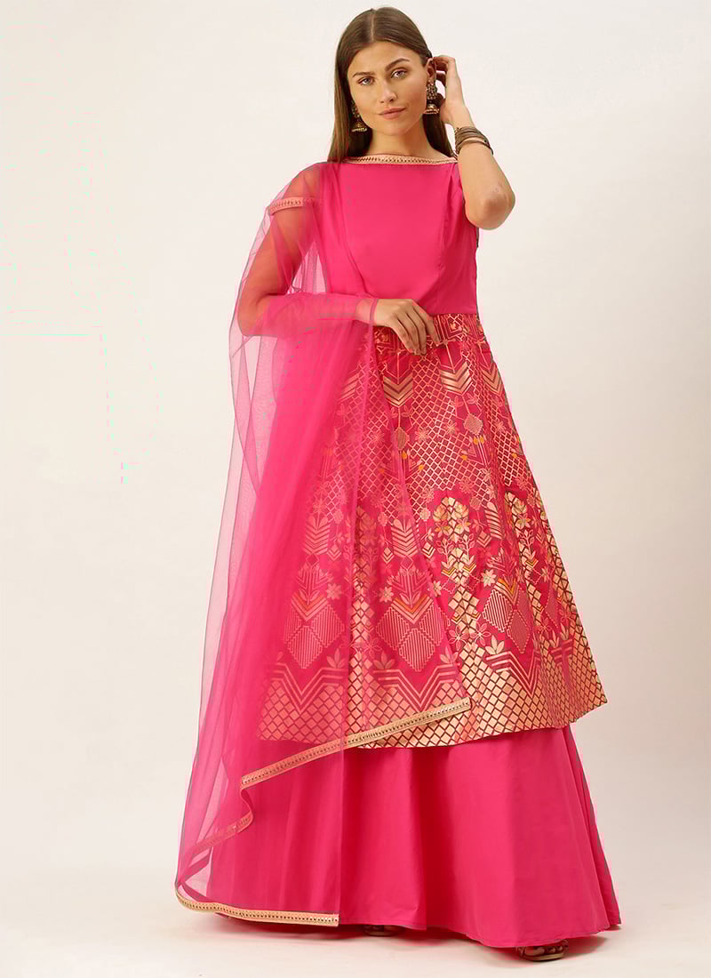 Pink Taffeta Jacquard Long Choli Lehenga