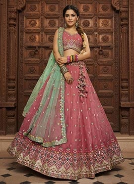 Pink Tissue Embroidered Sequins Lehenga Wedding Wear