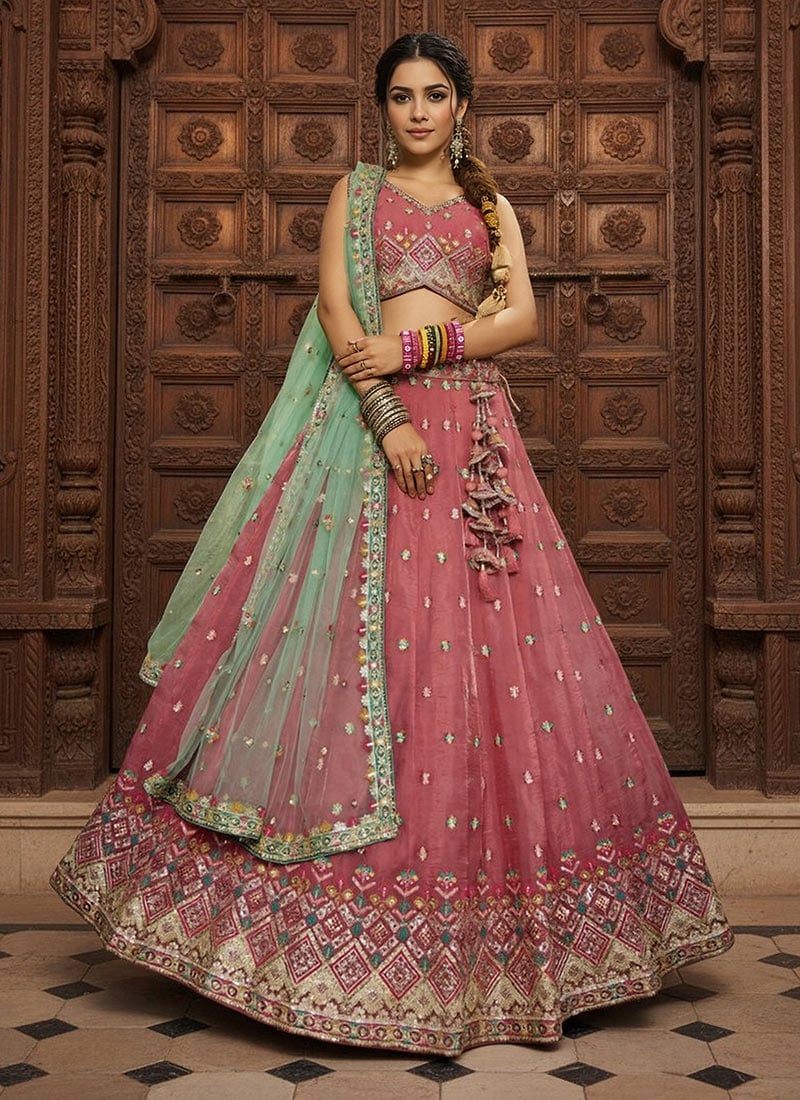 Pink Tissue Embroidered Sequins Lehenga