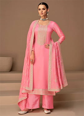 Pink Tussar Silk Embroidered Palazzo Suit