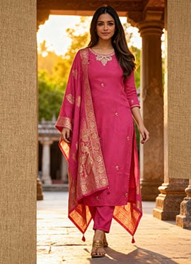 Pink Viscose Chanderi Embroidered Sequins Straight Pant Suit With Jacquard Dupatta