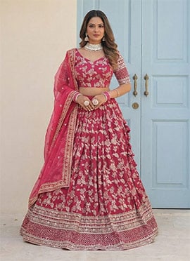 Pink Viscose Embroidered Umbrella Lehenga