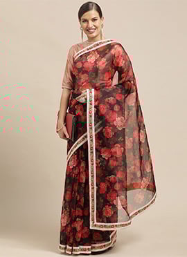 Pink and Black Floral Organza Saree