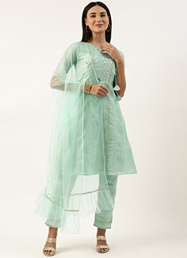 Teen Girls Pista Green Chanderi Straight Kurta Set