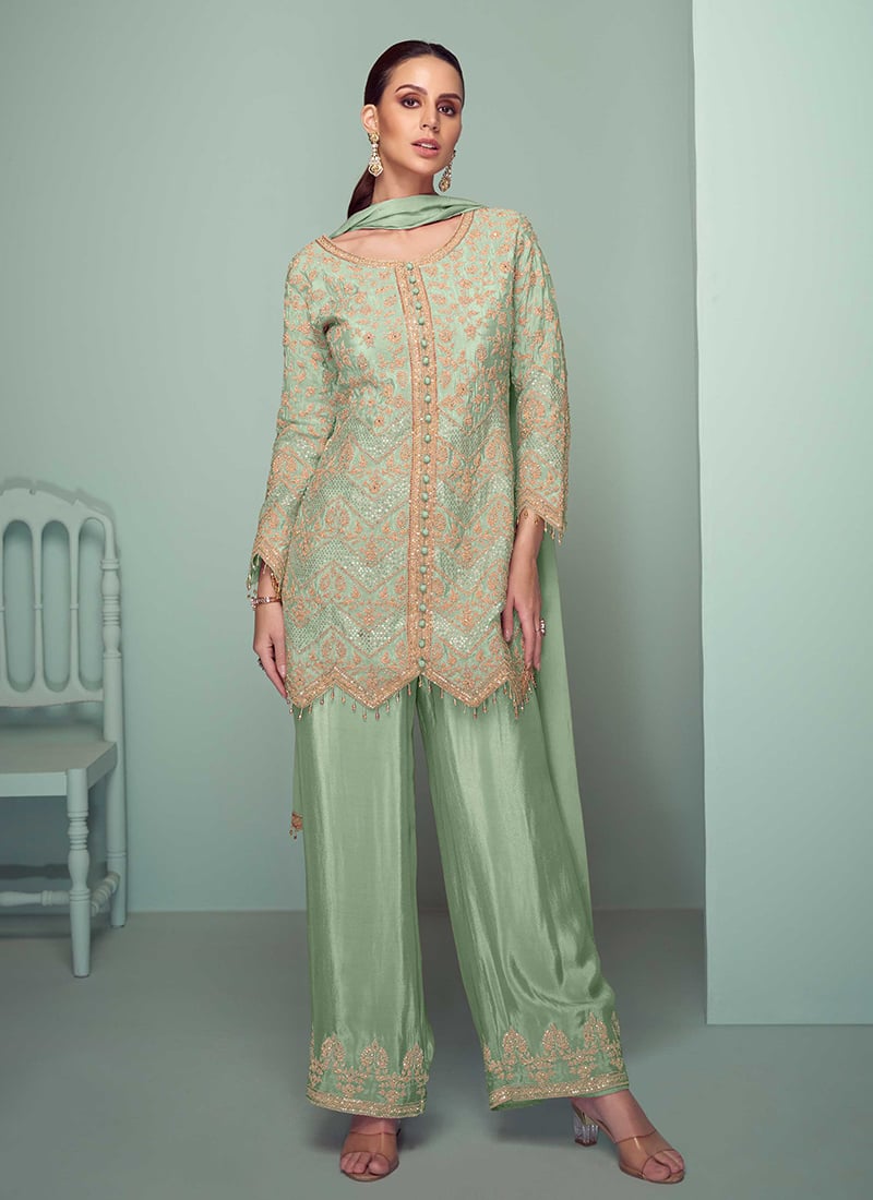 Pista Green Chinon Embroidered Sequins Palazzo Suit Festive Wear