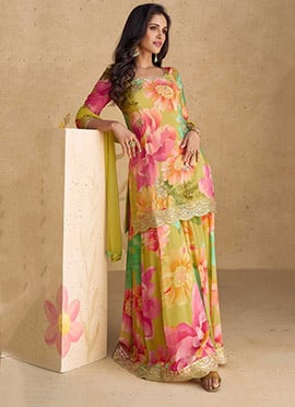 Pista Green Chinon Floral Digital Print Sequins Palazzo Suit For Stylish