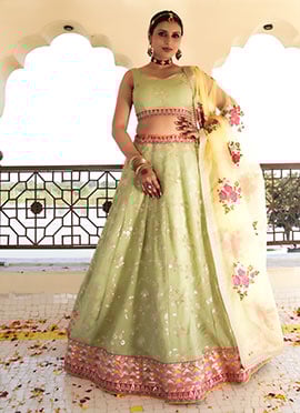 Pista Green Faux Georgette Zari Embroidered Sequins Stunning Lehenga Wedding Wear