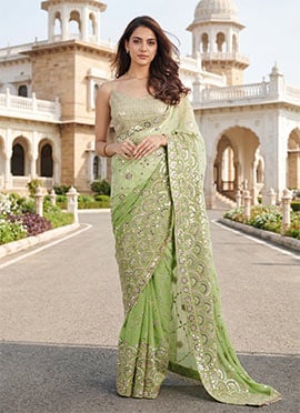 Pista Green Georgette Embroidered And Sequins Saree