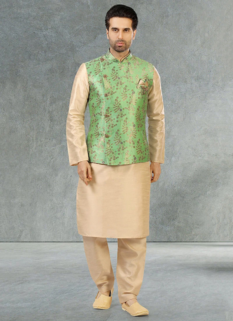 Pista Green Jacquard Benarasi Silk Bandi Set Party Wear