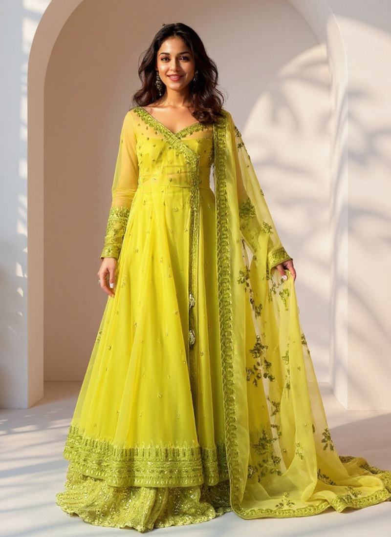 Pista Green Net Sequins Lehenga