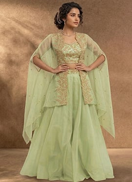 Pista Green Organza IndoWestern Jacket Skirt Set With Zari And Mirror Work