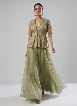 Pista Green Organza Zari Embroidered Sequins Hand Embroidered Palazzo Suit