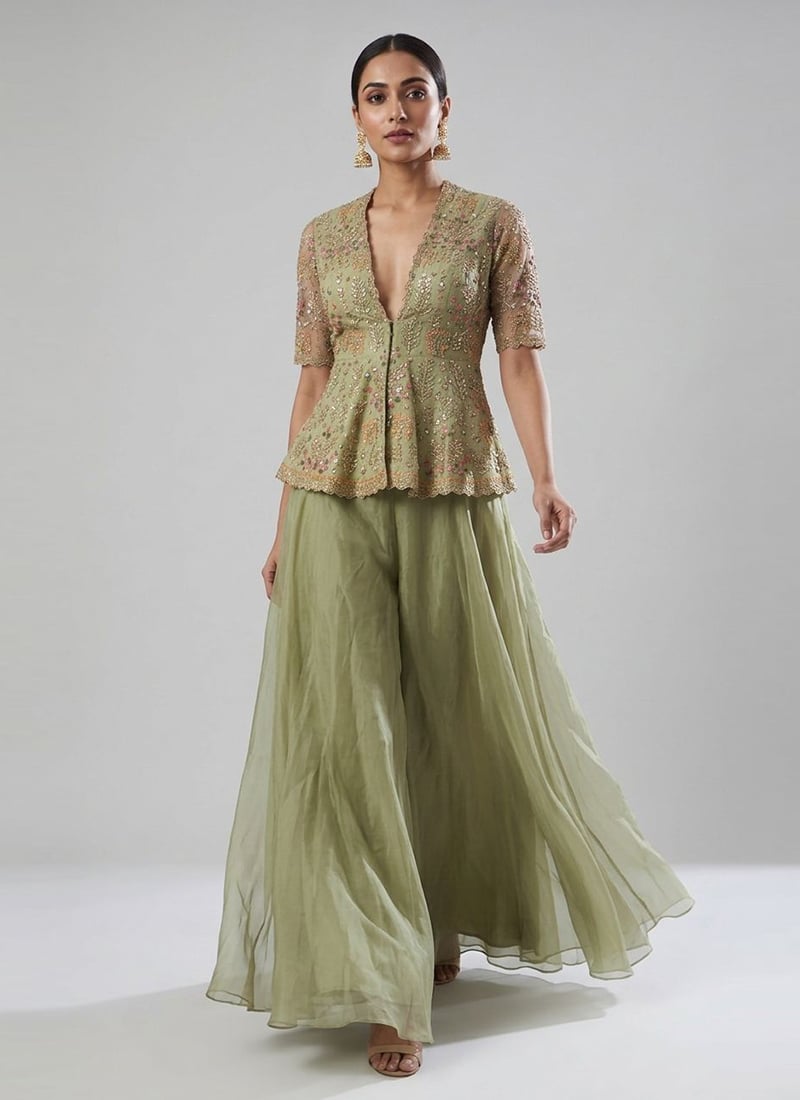 Pista Green Organza Zari Embroidered Sequins Hand Embroidered Palazzo Suit Festive Wear