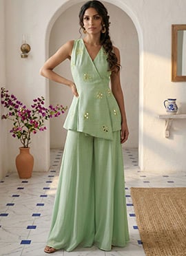 Pista Green Silk Mirror Work Indowestern Palazzo Set