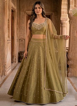 Pista Green Silk Moti Hand Embroidered Lehenga
