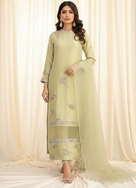 Pista Green Silk Zari Hand Embroidered Sequins Straight Suit Set