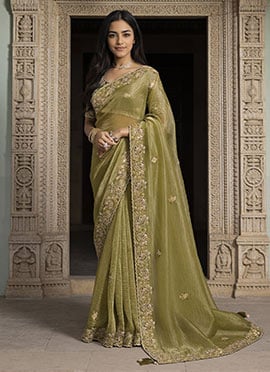 Pista Green Tissue Silk Resham Sequins Embroidered Stones Beads Zari Saree
