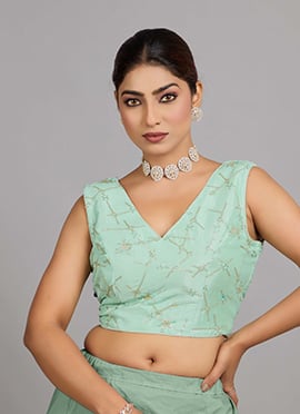 Pistachio Green Chinon Embroidered V Neck Blouse