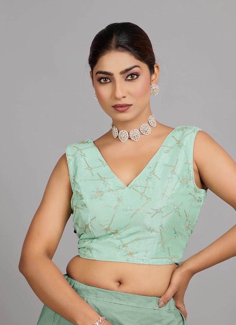 Pistachio Green Chinon Embroidered V Neck Blouse Party Wear
